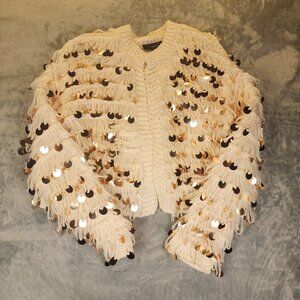 Forever 21 Sequin Sweater Cardigan Tan/Gold Size Large Festive Holiday Knit
